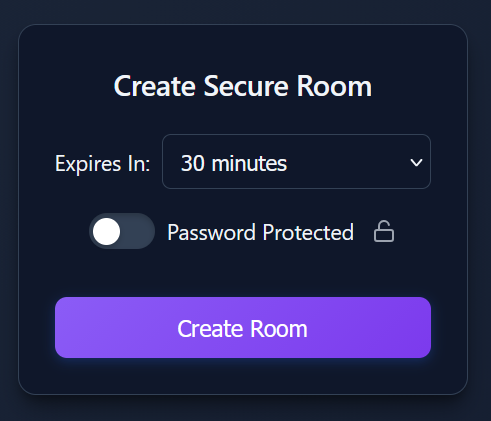 TempSend homepage showing Create Room button and expiry options